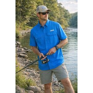 Columbia PFG Low Drag Offshore Shirt Mens Size L UPF40 Vented Fishing Shirt Blue
